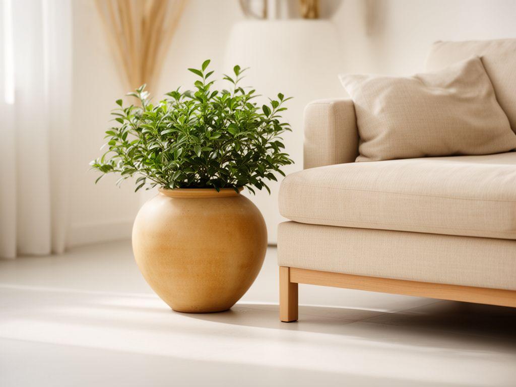 Rundes Keramikgefäss neben einem Sofa in einem minimalistischen Wohnzimmer mit hellen Texturen