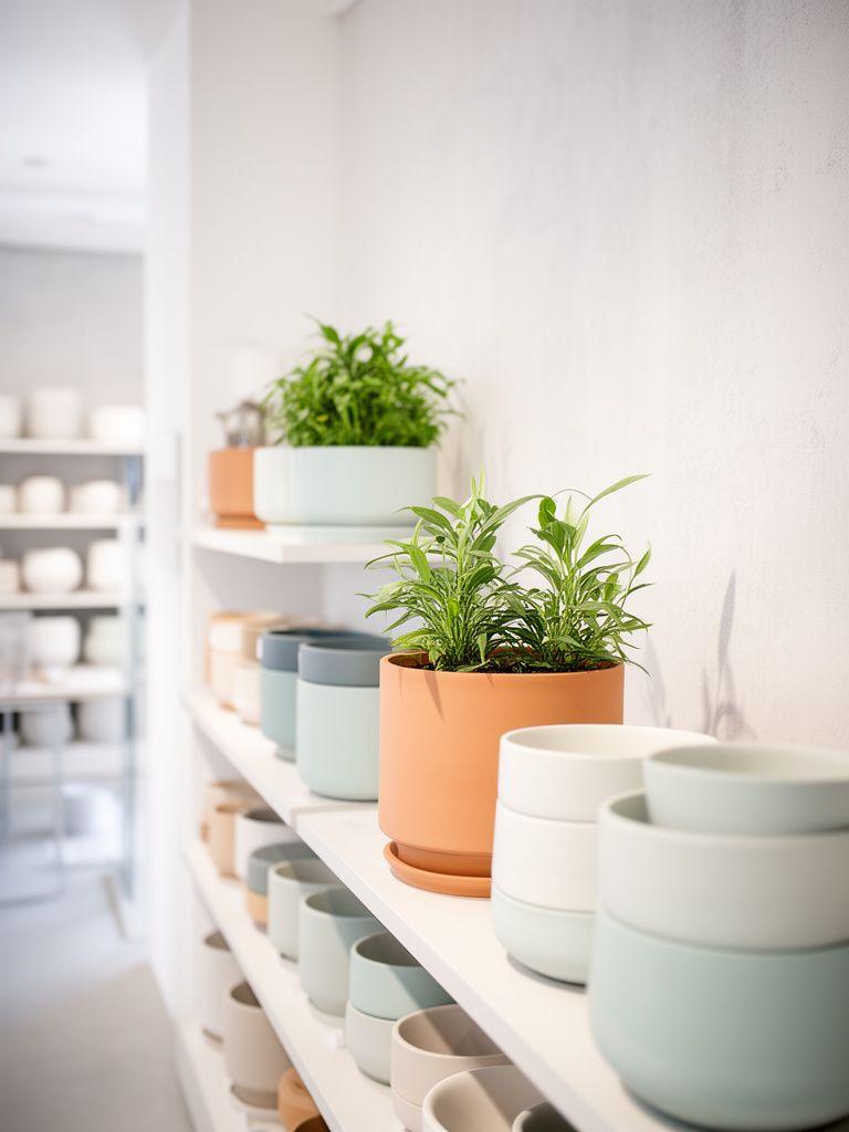 Minimalistische Planter-Displays in einem hellen Zürcher Showroom mit weichen Schatten und ordentlichen Regalen